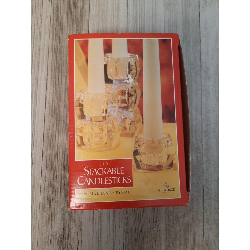 St. George CANDLESTICK HOLDERS 24% Fine Lead Crystal Stackable Set of 6 Vintage